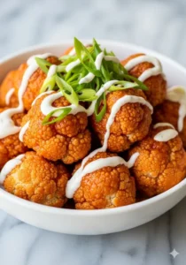 Crispy air fryer buffalo cauliflower bites served with dipping sauce