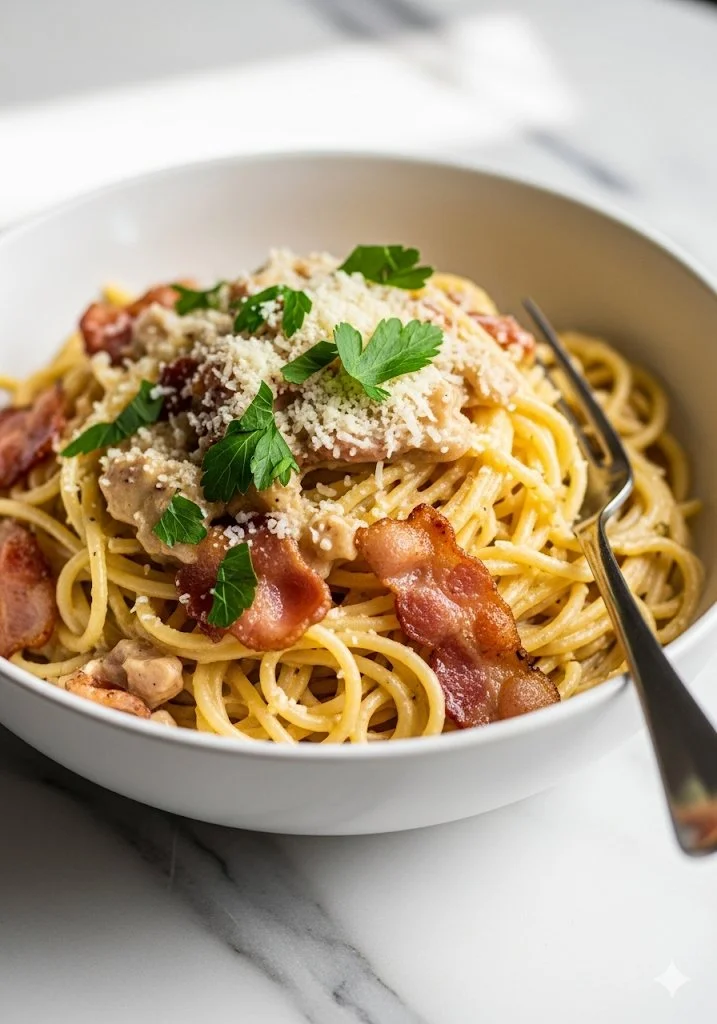 Delicious Bacon Carbonara Pasta topped with fresh parsley