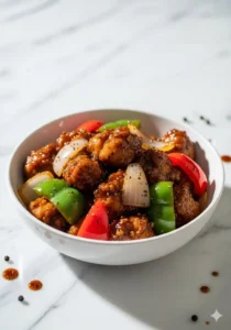 A plate of black pepper chicken garnished with vegetables and herbs.