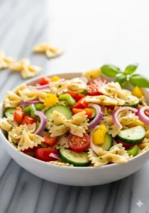 Colorful bow tie pasta salad with fresh vegetables and dressing
