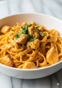Delicious plate of creamy Cajun chicken pasta with spices and chicken pieces.