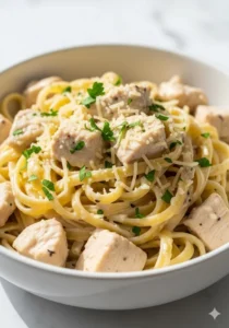 Creamy Garlic Parmesan Chicken Pasta in a bowl garnished with parsley