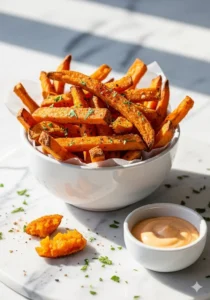 Crispy oven baked sweet potato fries on a plate garnished with herbs