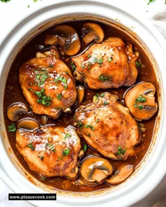 Delicious Crockpot Chicken Marsala served with mushrooms and herbs.