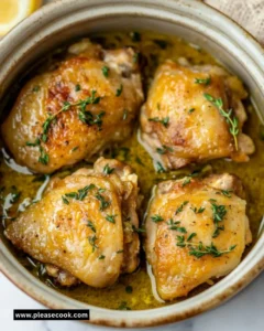 Delicious Crockpot Lemon Garlic Chicken served with fresh herbs and lemon slices.