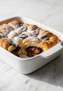 Decadent chocolate croissant breakfast bake fresh out of the oven