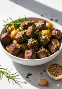 Plate of Garlic Butter Beef Bites with roasted potatoes