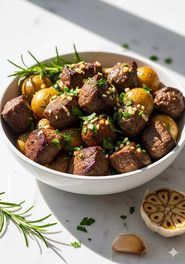 Plate of Garlic Butter Beef Bites with roasted potatoes