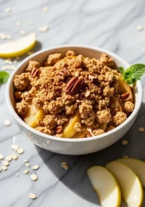 Healthy Breakfast Apple Crumble served in a bowl with fresh apples
