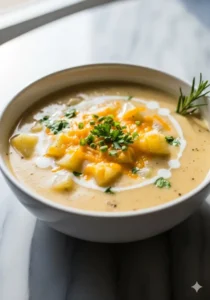 Bowl of hearty cheddar garlic herb potato soup topped with fresh herbs