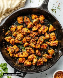 Plate of Honey Garlic Chicken Bites garnished with sesame seeds