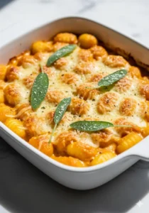 Baked pumpkin gnocchi served in a creamy sauce topped with herbs.