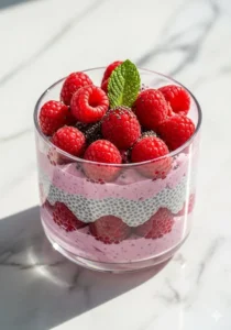 Delicious raspberry chia pudding in a bowl, topped with fresh raspberries.
