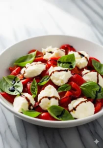 Delicious roasted red pepper salad with fresh vegetables and herbs