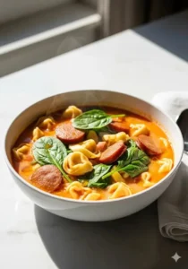Bowl of Sausage Tortellini Soup with Spinach garnished with fresh herbs