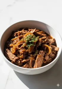 Savory French onion pot roast served with garlic bread and veggies