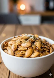 Air fryer roasted pumpkin seeds served in a bowl, healthy snack option.