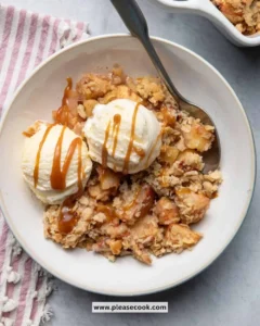 Delicious apple crisp with oat topping served in a baking dish