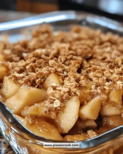 Delicious baked apple crisp topped with oats and cinnamon.