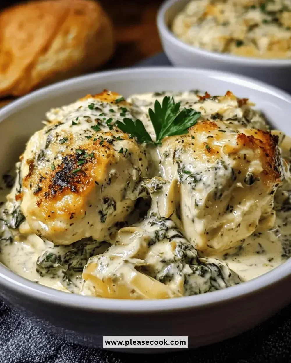 Delicious creamy spinach artichoke chicken dish garnished with fresh herbs