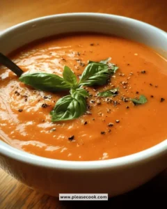 Bowl of creamy tomato soup garnished with basil and served with crusty bread