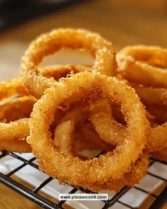Plate of golden brown crispy onion rings served with dipping sauce.