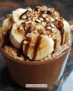 Gluten-free banana oat mug cake in a white mug with banana slices on top