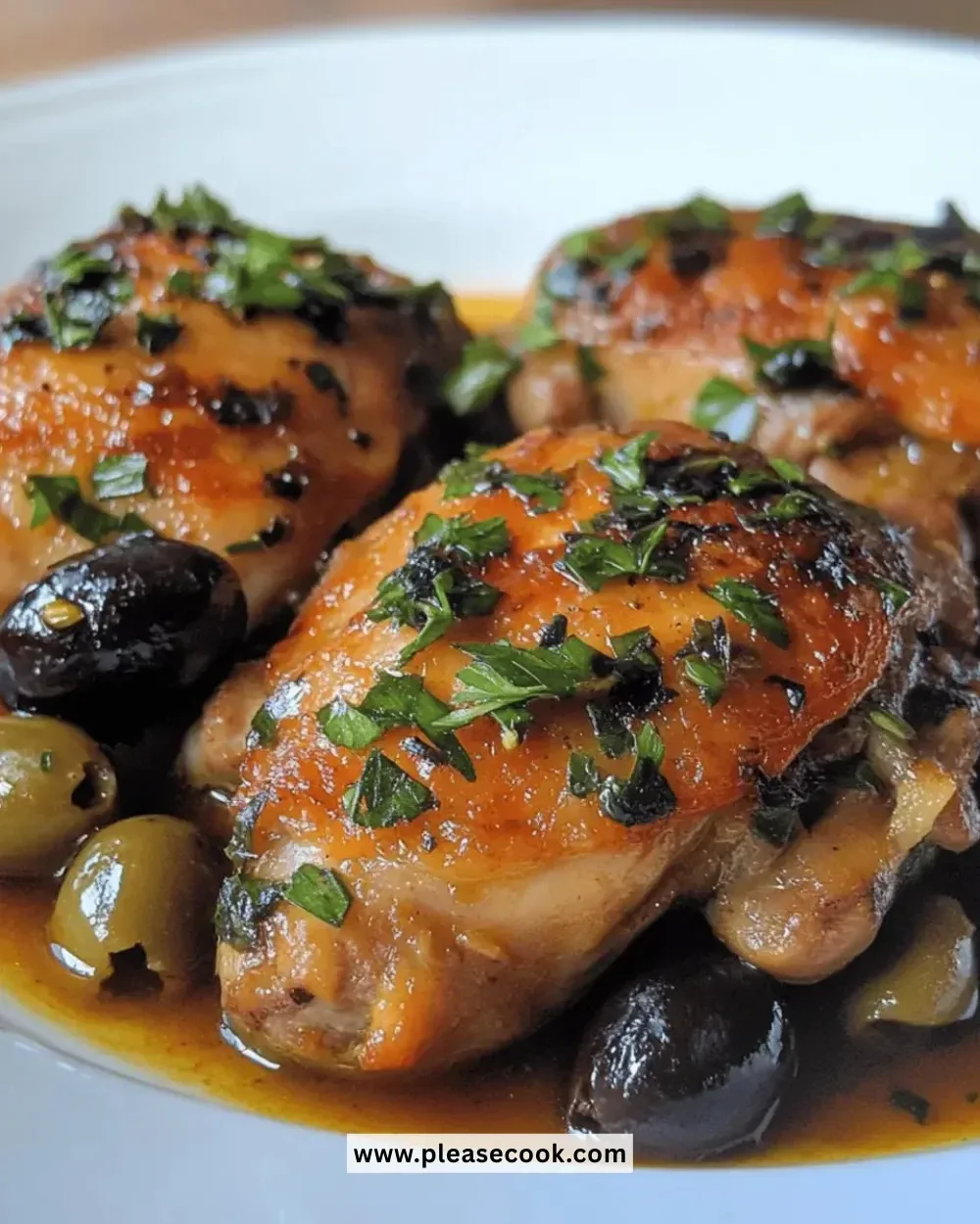 Juicy braised chicken thighs served with herbs and vegetables