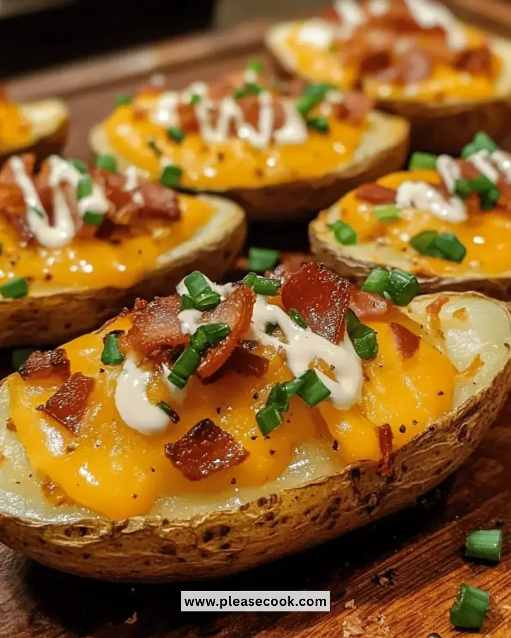 Delicious savory loaded potato skins topped with cheese and bacon