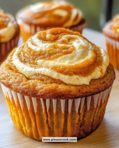 Delicious swirled pumpkin cream cheese muffins ready to enjoy