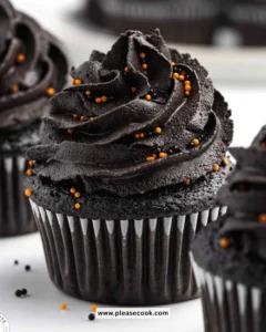 Delicious black velvet cupcakes topped with creamy frosting