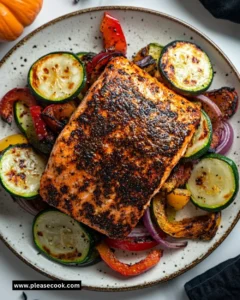 Plate of blackened salmon with charred vegetables garnished with herbs.