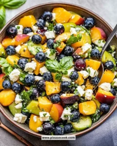 Colorful Blueberry Peach Feta Salad with fresh fruits and feta cheese