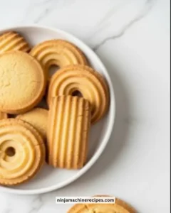 Homemade butter cookies arranged on a plate with a cup of tea