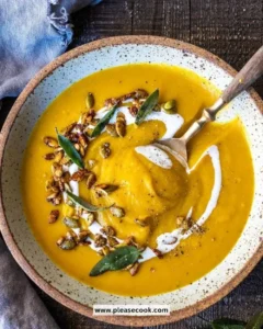 Bowl of creamy butternut squash soup garnished with herbs