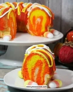 Delicious Candy Corn Bundt Cake decorated with vibrant candy corn