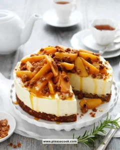 Sliced caramel apple cheesecake topped with caramel sauce and apple slices