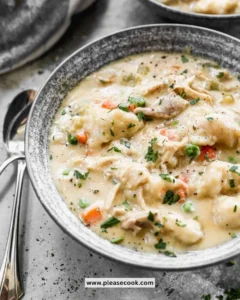 Delicious chicken and dumplings served in a bowl with herbs and vegetables
