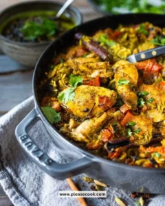 Delicious Chicken Biryani served with spices and herbs in a traditional platter