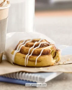 Freshly baked cinnamon rolls with icing on a wooden table.