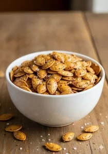 Savory roasted pumpkin seeds on a wooden table ready to be enjoyed as a snack