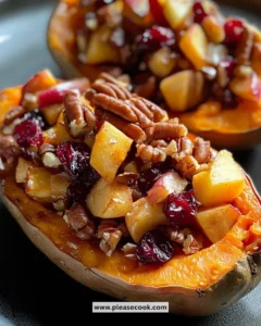 Cranberry apple twice-baked sweet potatoes garnished with herbs