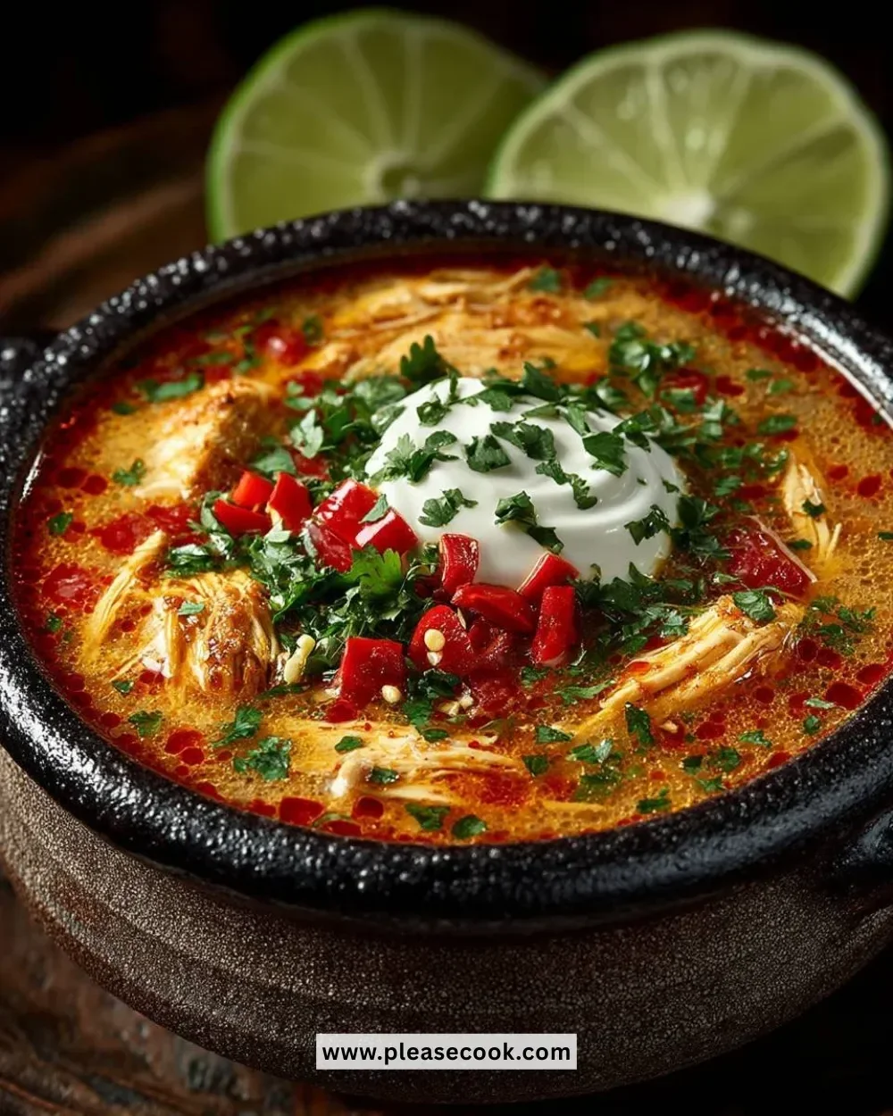 Bowl of Cream Cheese Chicken Taco Soup topped with cheese and cilantro