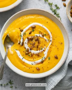 Creamy butternut squash soup in a white bowl with a slice of bread