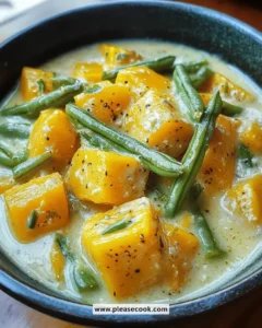 Creamy squash and long beans in coconut milk dish served in a bowl