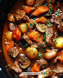 Crockpot beef bourguignon served in a rustic bowl with vegetables and garnished