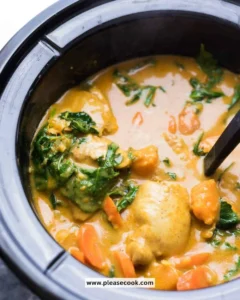 Crockpot chicken and sweet potato curry in a bowl with spices and herbs