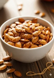 Bowl of delicious roasted pumpkin seeds ready to eat.