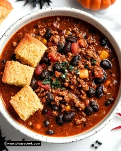 Bowl of spicy Devil's Chili with fresh herbs and toppings