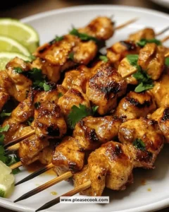 Delicious easy chicken satay skewers with peanut sauce on a serving platter.